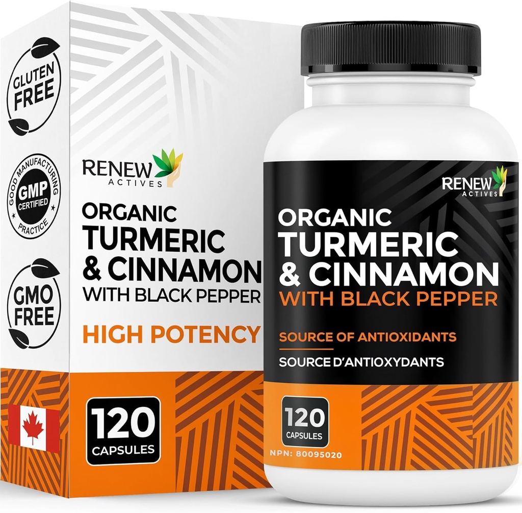 Renew Actives Organic Turmeric 474MG & Cinnamon 50MG per 2 Capsules - with Curcumin & BioPerine for Absorpsi - Supports Metabolisme, Joint Health & Diatles - Made in Canada - 120 Capsules