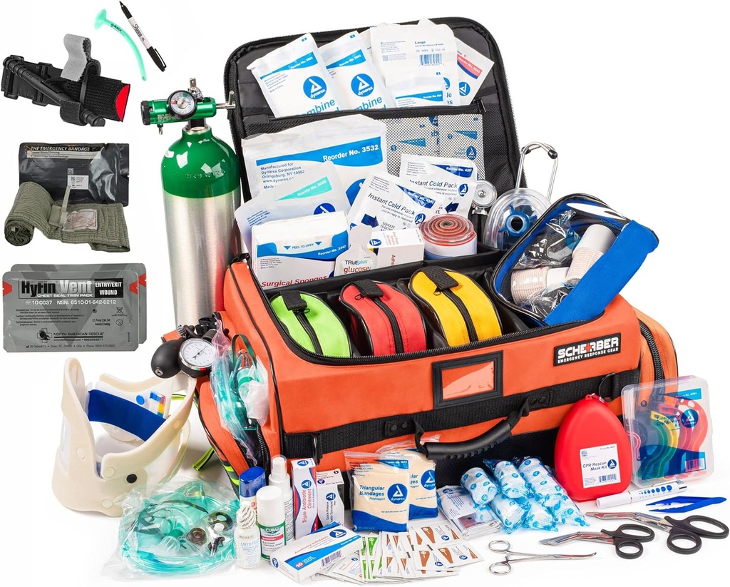 Scherber Fully- Stocked Premium First Responder Bag 124; HSA / FSA Approved 124; Large Pro EMT / EMS Trauma, Bleeding & OxyMedical Kit 124; CAT Tourniquet, HyFin Chest Seal & 260 + First Aid Supplies (Orange)