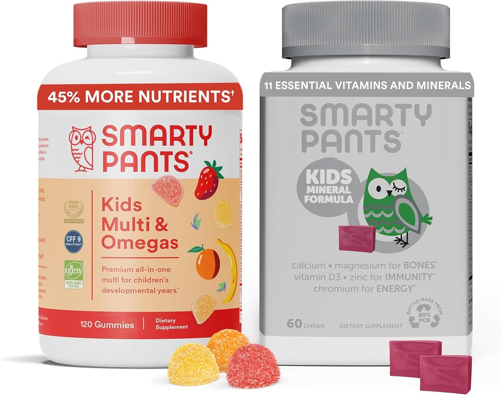 Anak SmartyPants Multivitamin Gummies & Kid Mineral Chews: Multivitamin with Omega 3 Fish Oil (EPA / DHA) dan Multimineral dengan Magnesium Citrate & Calcium, 30 Hari Suppply