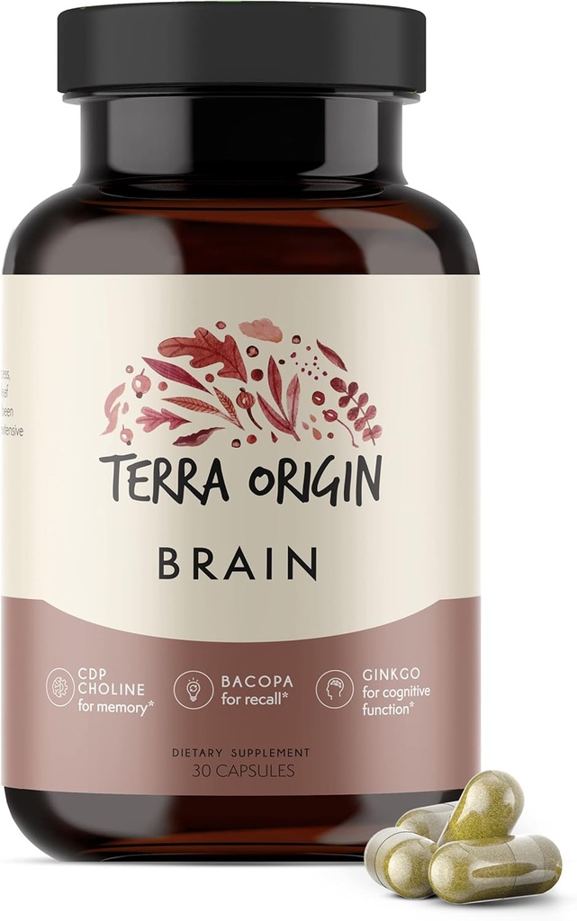 Terra Origin, Suplemen Otak Sehat, Kapsul, 30 Pelayan, dengan CDP Choline, Ginkgo Biloba Ekstraksi, dan Bacopa - untuk Pikiran sehat, Memori Improve, Recall dan Fungsi