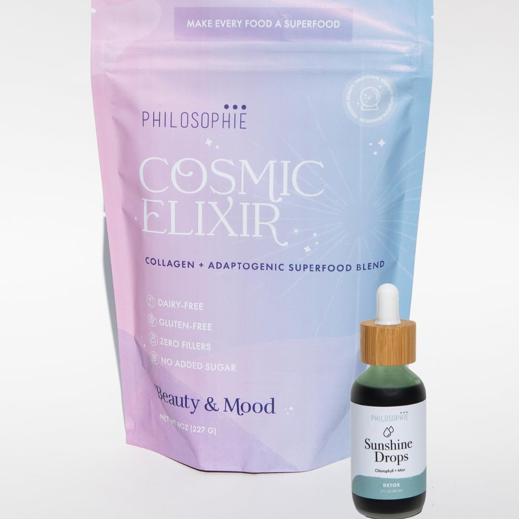 Philosophie Sunshine Drops & Cosmic Elixir Bundle - Clorophill & Superfood Powder Blend - All Natural Plant-Based 2pack