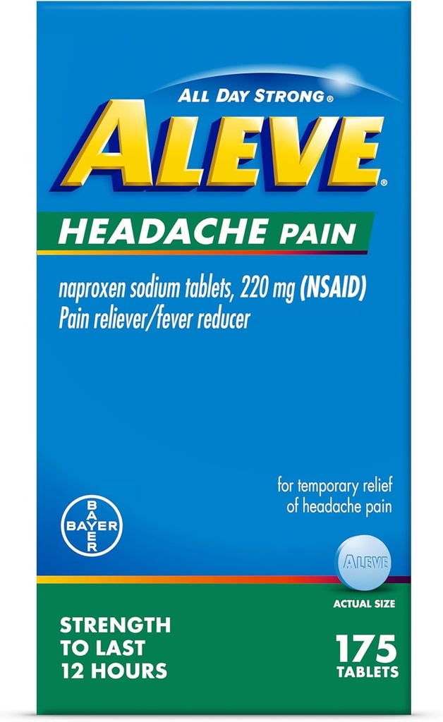 Aleve Headache Pain Reliever & Fever Reducer Tablet, Naproxen Sodium, untuk Headache, Obat Nyeri untuk Dewasa, Pil Relief Sakit Kepala, 175 Count