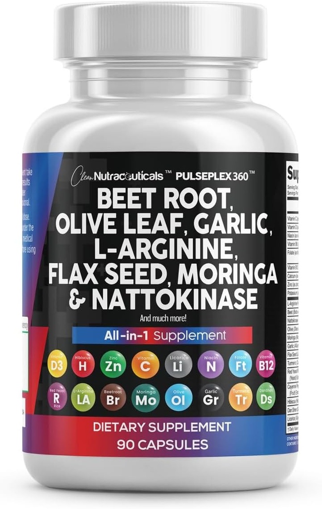 Clean Nutraceuticals Beet Root Capsules Olive Leaf Nattokinase Extract L- Arginine Omega 3 Red Yeast Rice Hibiscus Danshen - Supplemen Dukungan Kesehatan - 90 Ct