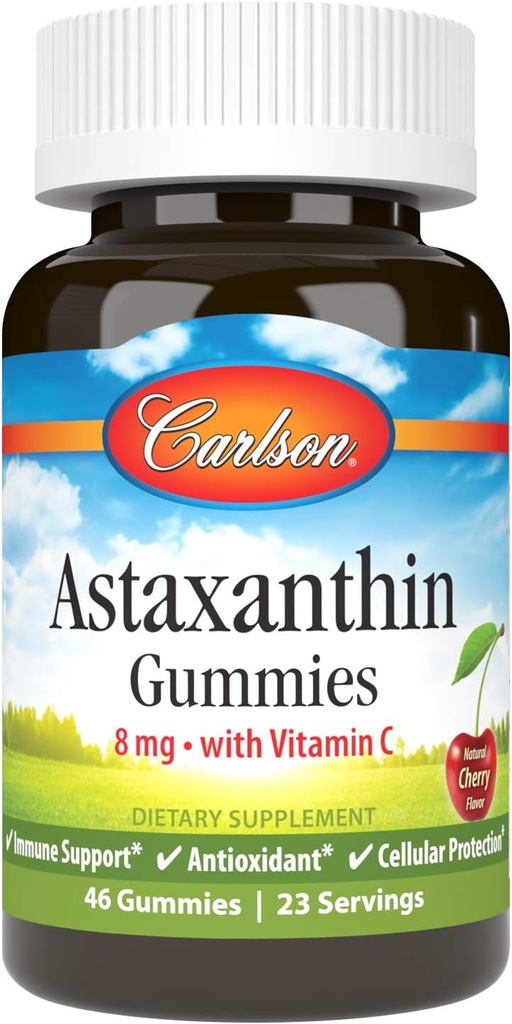 Carlson - Astaxanthin Gummies, dengan Vitamin C, Imune Dukungan, Antioksidant, Heart Health, Non-GMO, Cherry Flavor, 46 Vegetarian Gummies
