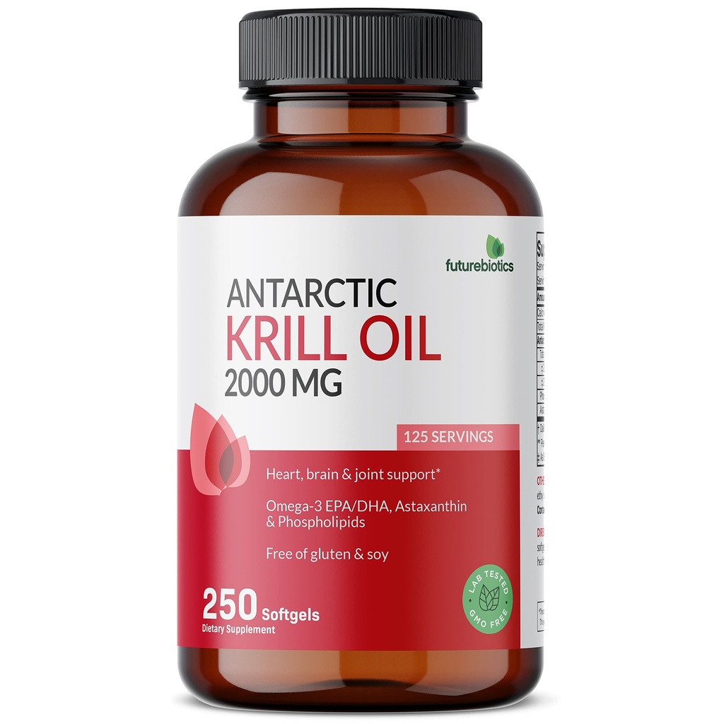 Futuretik Antartika Krill Oil 2000mg dengan Astaxanthin, Omega- 3s EPA, DHA dan Phospholipids - 100% Pure Premium Krill Oil Heavy Metal Tested, Non GMO - 250 Softgels