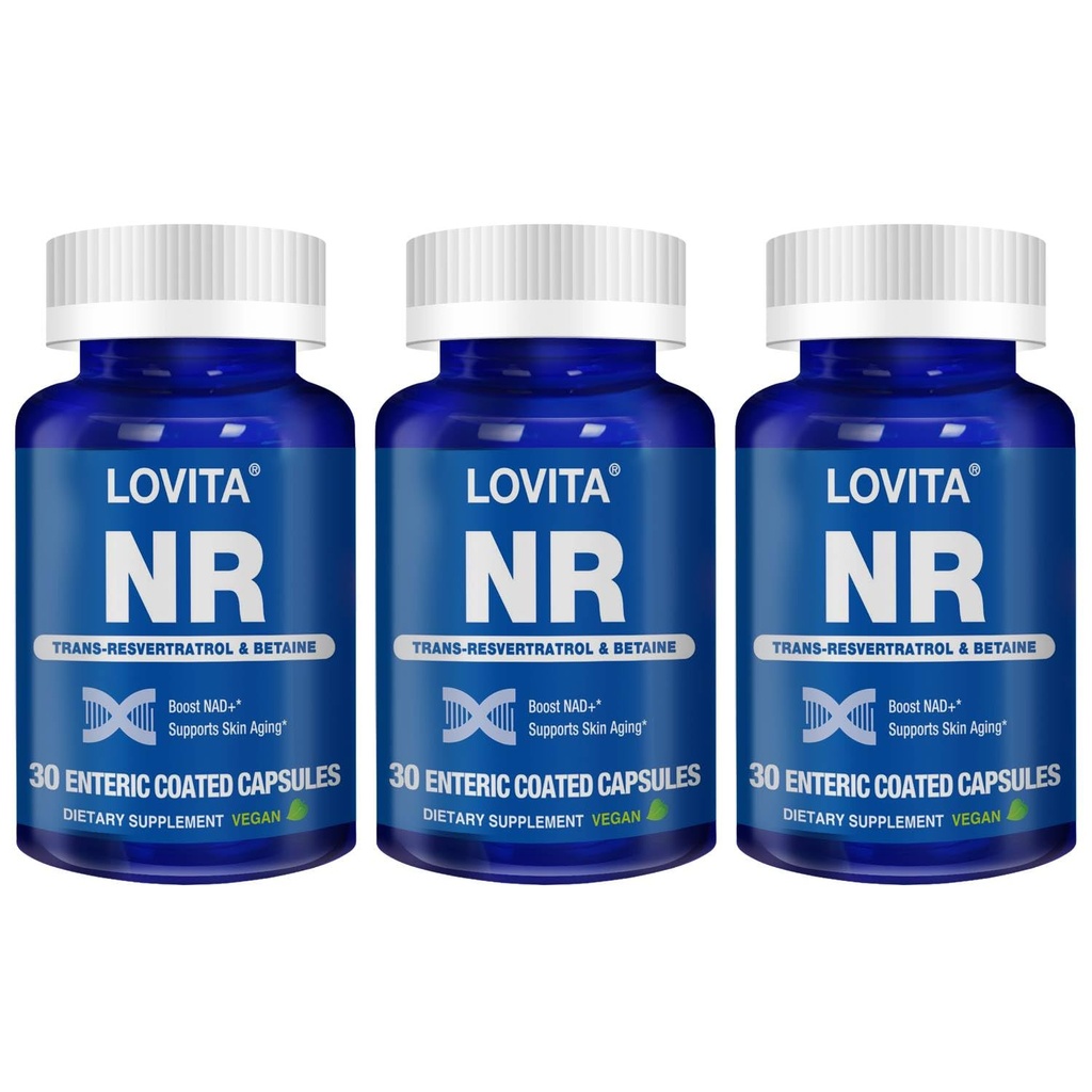 Lovita NR (Nicotinamide Riboside) 350 mg, NAD Suplemen dengan Trans- Resveratrol dan Betaine, Propine NAD Plus Levels, Penuaan Sehat, 30 Vegan Hiburan Terpadu Capsules (Paket 3)