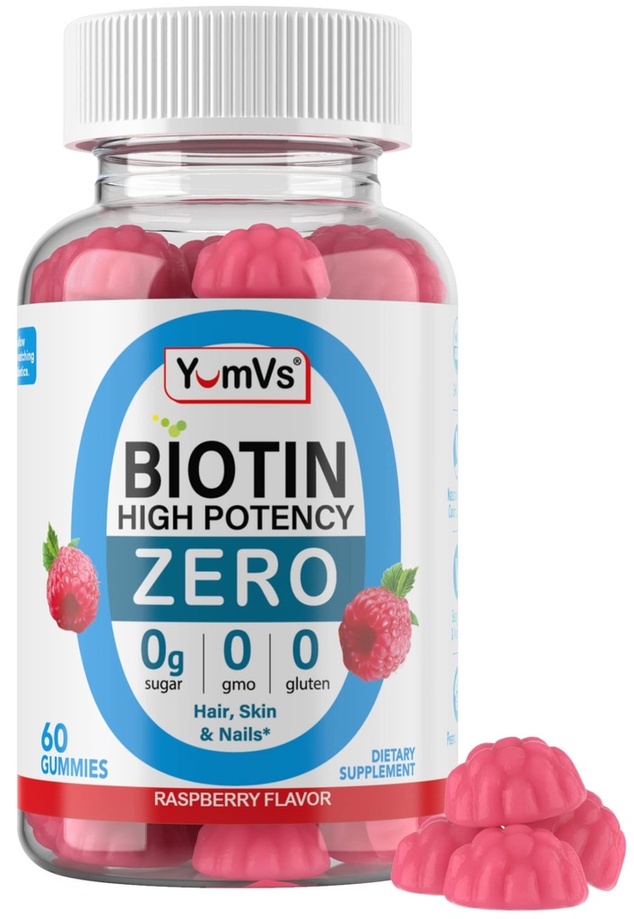 Biotin Gummies Sugar Free - 5,000 mcg High Potency Biotin for Hair, Skin & Nails - Zero Sugar, None-GMO, Gluten Free, Vegan Raspberry Gummies - 60 Count