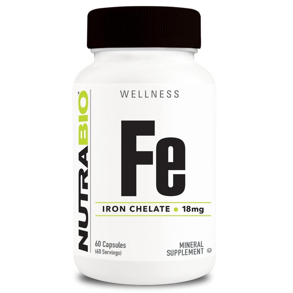 NutraBio Iron Chelate (18mg) - Suplemen Besi untuk Pria dan Perempuan-Ferrous Bisglycinate Chelate, Mendukung Kesehatan Sel Darah Merah, 60 Kapsul