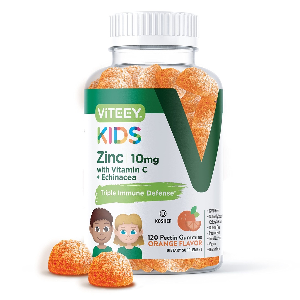 Viteey Zinc for Kids Gummies 10mg, with Vitamin C & Echinacea - Imune support, powerful Natural Antioksidant, Kid Zinc Vitamin Suplemen - Vegan, Gelatin Free - Tasty Chelable Orange Flavor Gummy