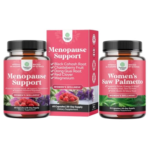 Bundle of Menopause Supplement for Night Sweats, Hot Flashes & Mood Swings with Dong Quai, Chaste Berry & Black Cohosh Root dan Saw Palmetto for Women 500mg DHH Blocker dengan Maca Root & Biotin