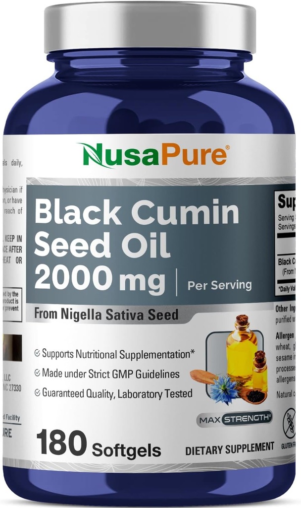NusaPure Black Seed Oil 2000mg per Serving - 180 Softgel Caps (Non- GMO, Gluten-Free) Cold- Menekan Nigella Sativa