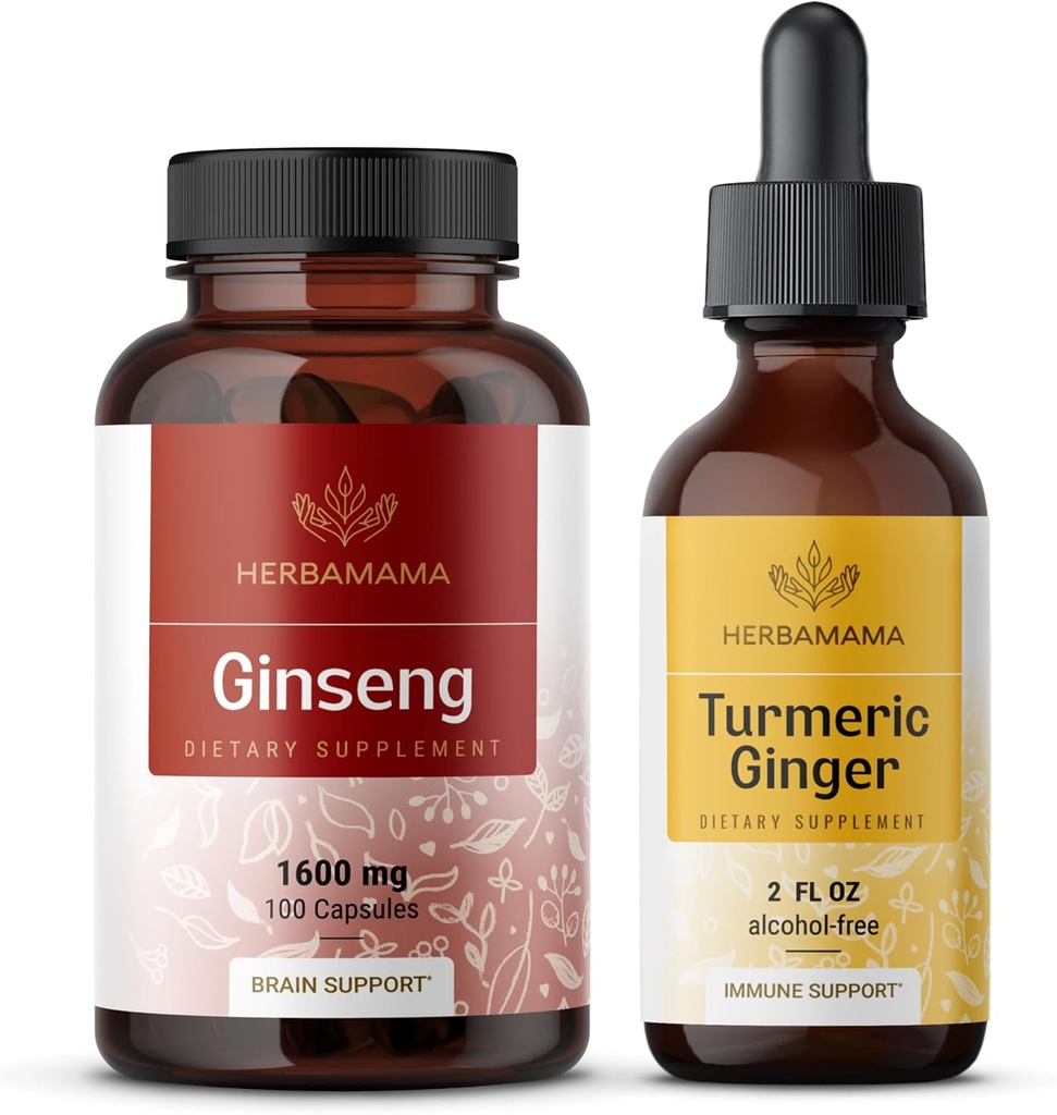 HERBAMAMA Korea Ginseng dan Turmeric Ginger Kit - Bundle of Korea Panax Ginsules & Turmeric Ginger Liquid Drops - Vegan, Non- GMO, Sugar & Alcohol- Free - 2 Pack