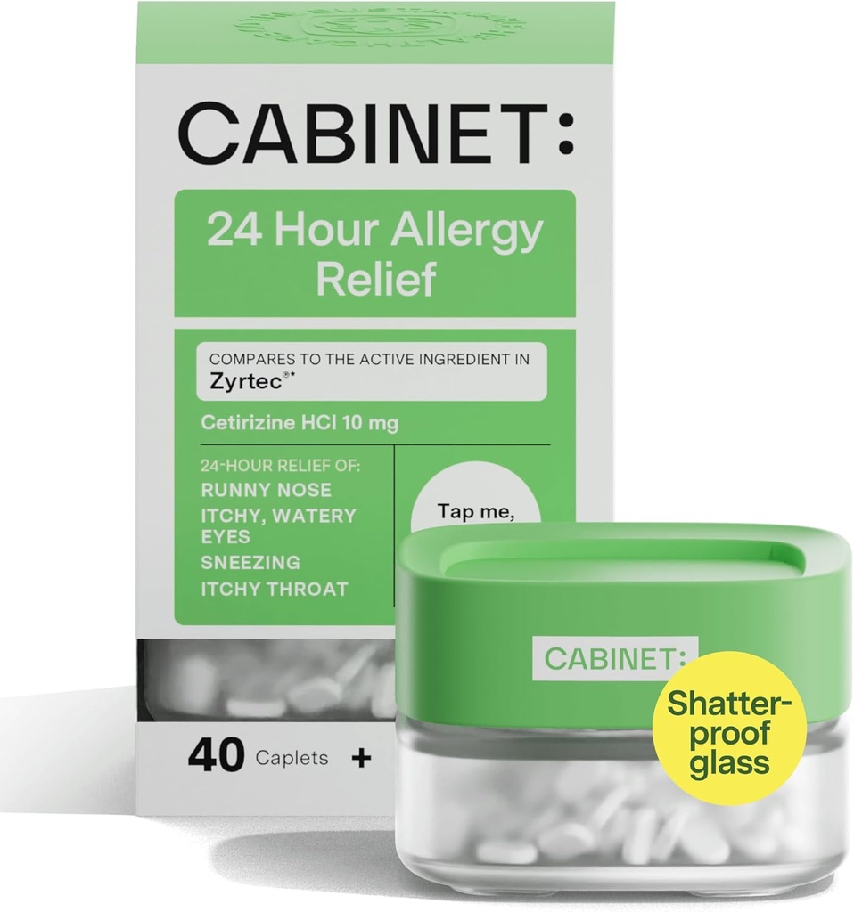 Kabinet: Semua Relief Allergy Cetirizine 10mg untuk Relief Non-Drowsy dari Simorika Allergy Common (Refilable Glass Jar)