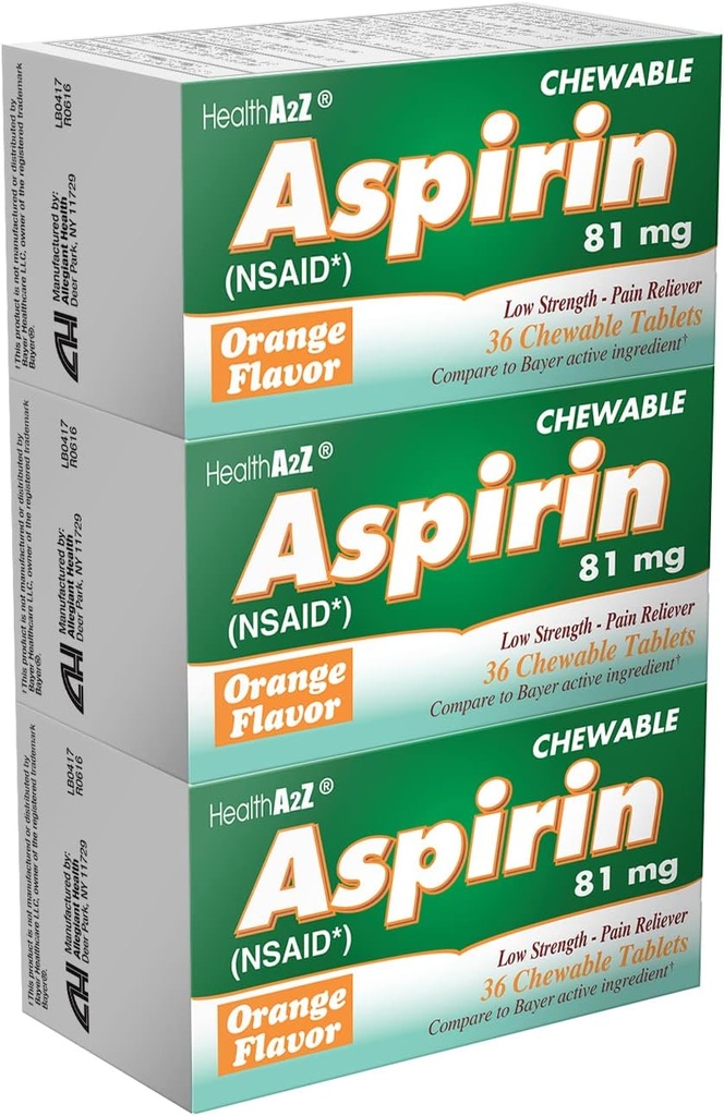 HealtA2Z ® Aspirin 81mg 124; Low Power Chewable Tablets 12.4; Relief nyeri & Fever Reducer 14; Orange Flavor 126; Reduces Minor Acches, Headlache & Muscle Pain 124; 36 Count (Paket 3)