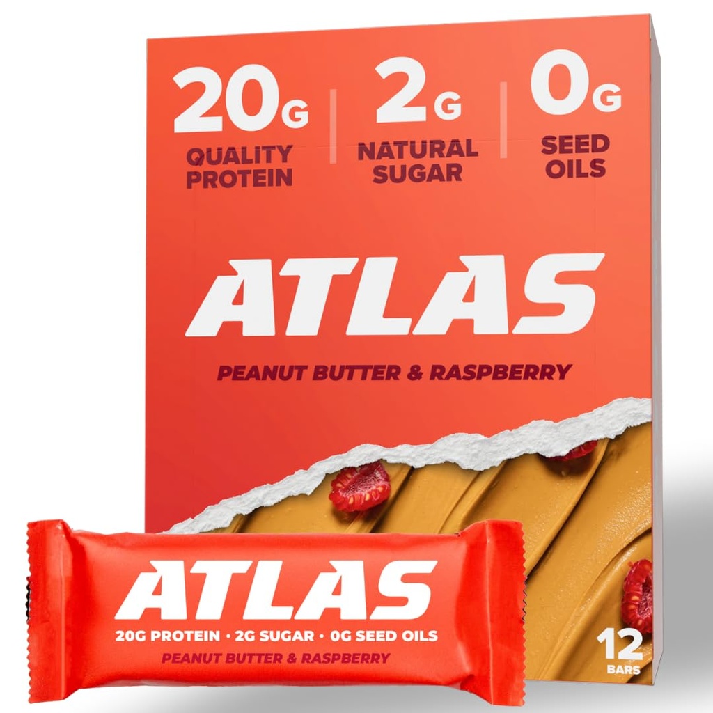 Atlas Protein Bar, 20g Protein, 1g Sugar, Clean Ingrediens, Gluten Free (Peanut Butter Raspberry, 12 Count (Paket 1))
