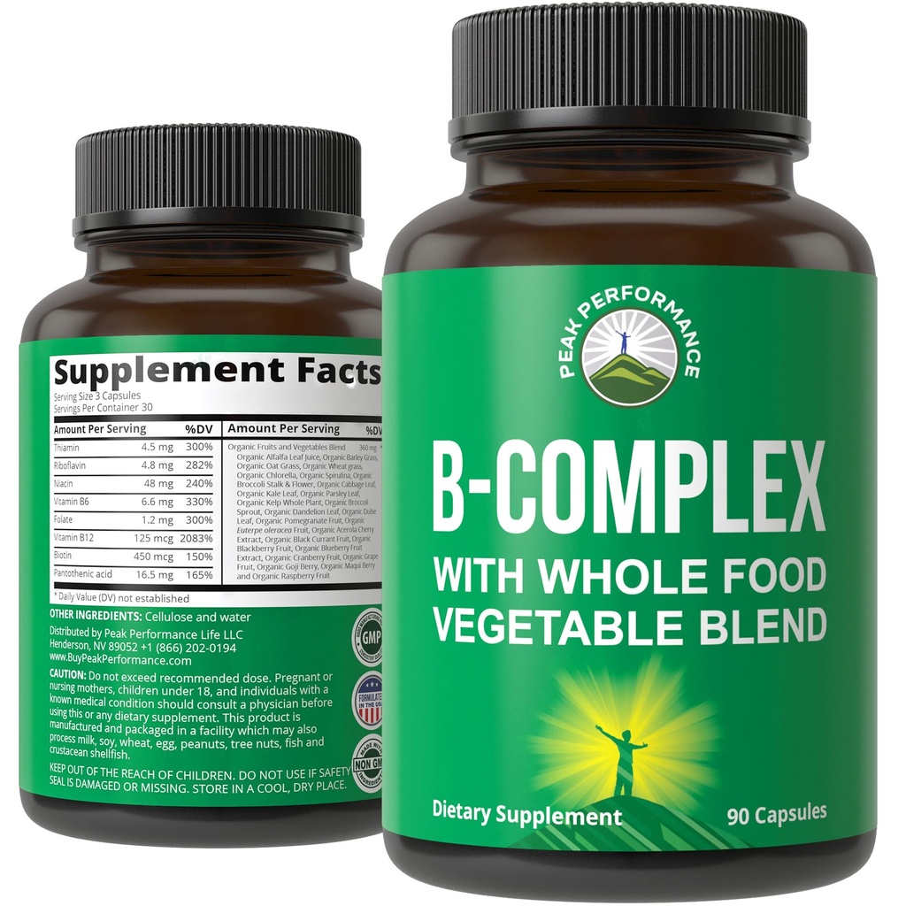 Vitamin B Complex Capsules + Whole Food Blend dari 25 Vegetables dan Buah untuk Max Absorpsi. Terbaik Vegan B-Complex Tambahan dengan Vitamin B1, B2, B3, B5, B6, B7, B9 dan B12 90 Kapsul. Boost Energi
