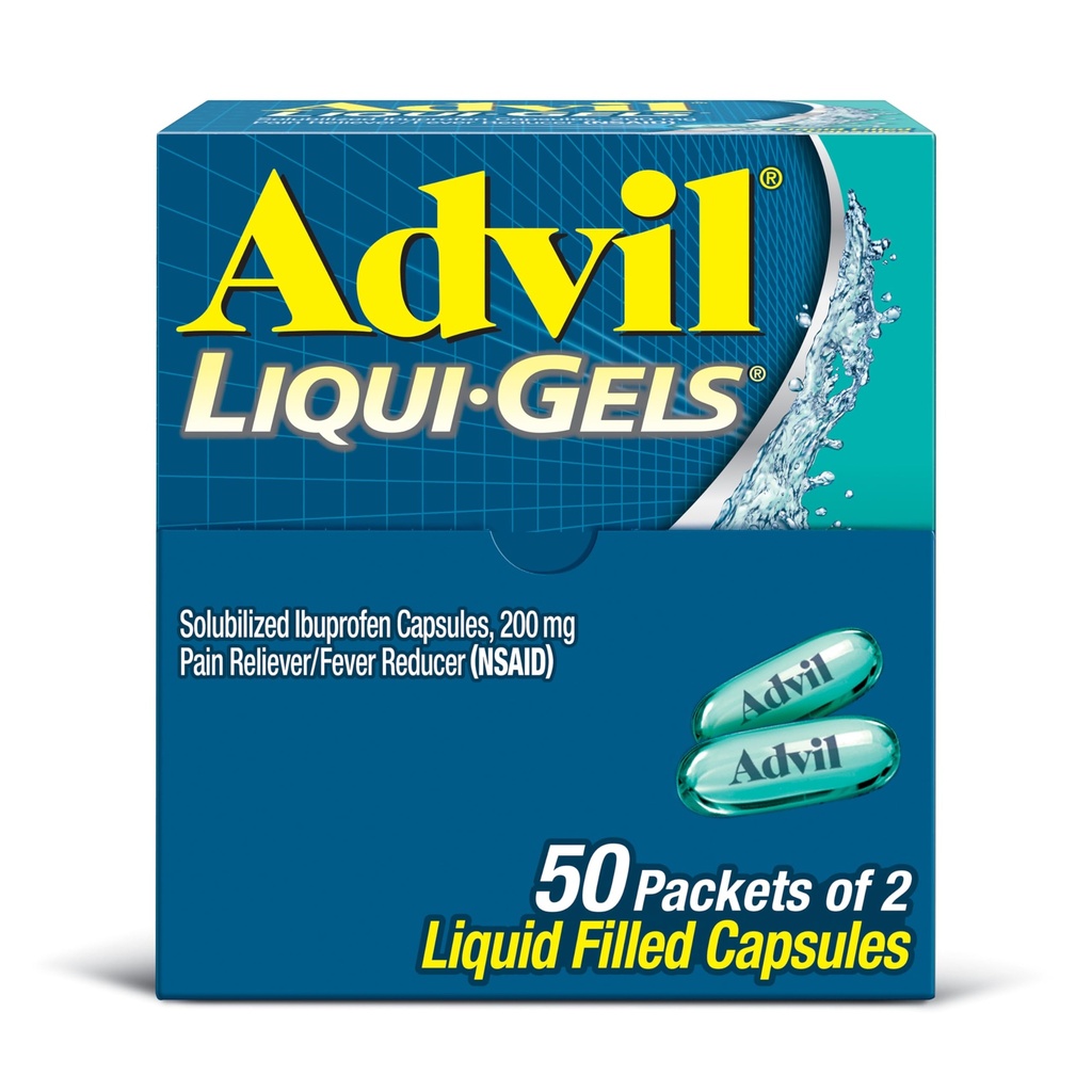 Advil Liqui- Gels Pain Reliever and Fever Reducer, Pain Medicine for Adults with Ibuprofen 200mg for Headache, Bacache, Menstrual Pain and Joint Pain Relief - 50x2 Liquid Campy
