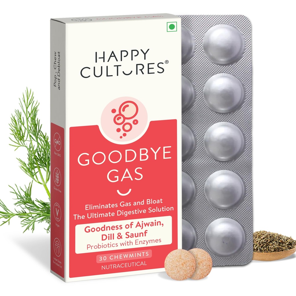 Happy Cultures Goodbye Gas, Chewable Gas Relief Capsules for Digetical Health, Bloating and Inditrable with Simelicone 50mg - 30 Chewables