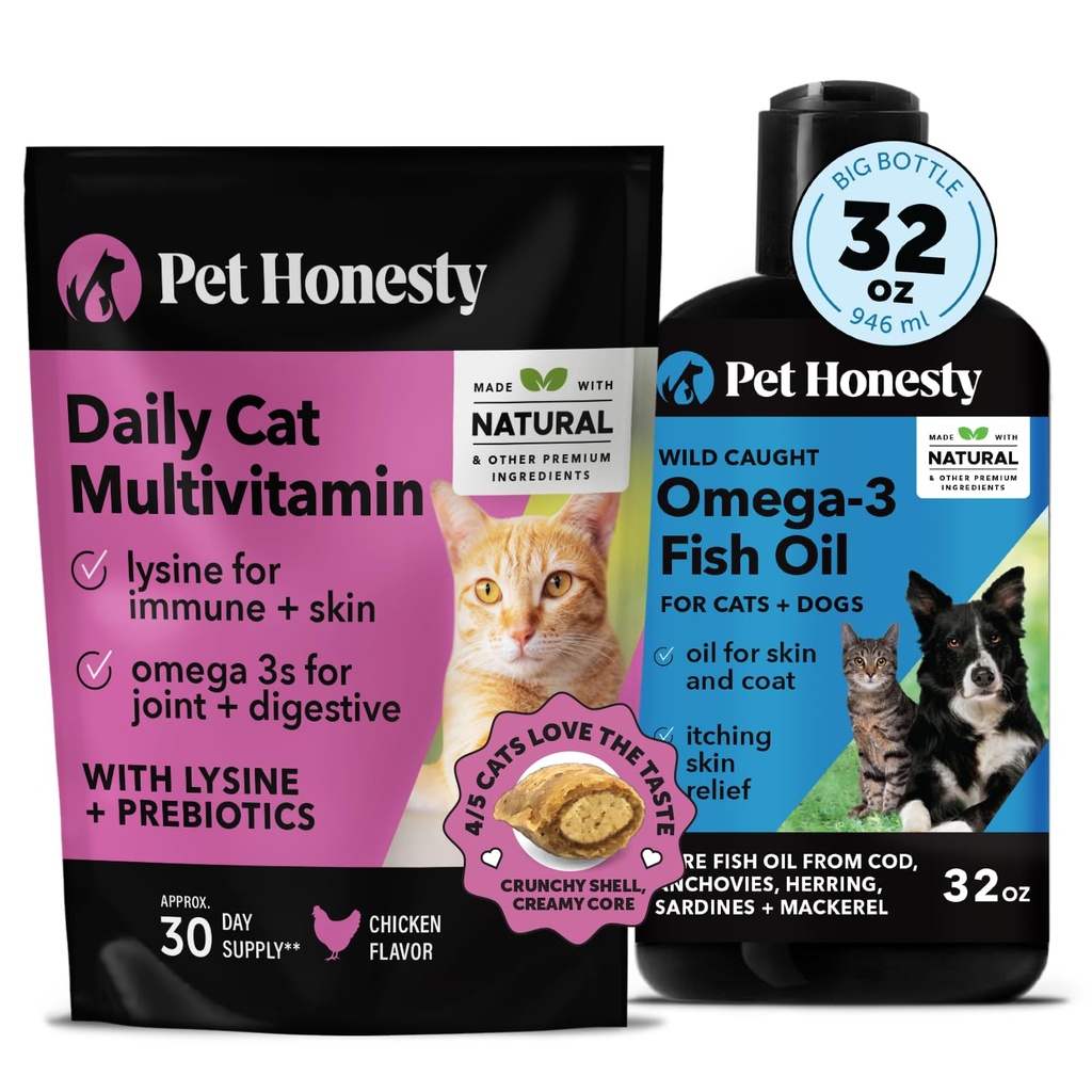 Cat Multivitamin Chews + Omega 3 Fish Oil Supplement for Dogs & Cats - Cat Treats for Health, Ammune, Joint Support, Skin & Coat, Ditrable, and Overall Wellness 124; Chicken (30- Day Suppply)
