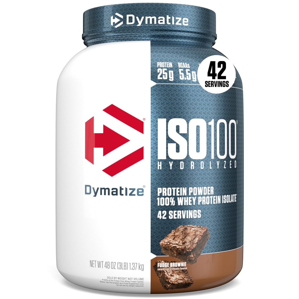 dymatize ISO100 Whee Protein Powder Isolate, Fudge Brownie, 25g of Protein, 3 Pound, 5.5g BCAAs, Kurang dari 120 Cal., Gluten Free, 1g Fat, 1g Sugar, 2g Carb (42 Servings)