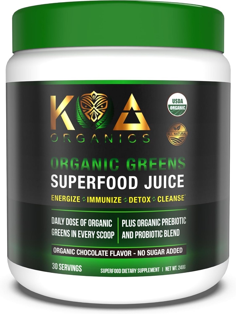 Serbuk Juice Superfood - USDA Organic Super Greens Powder dengan Spirulina, Chlorella, Matcha, Wheat Grass, Digetical Enzymes & Program- Chocolate Flavor -30 Serv