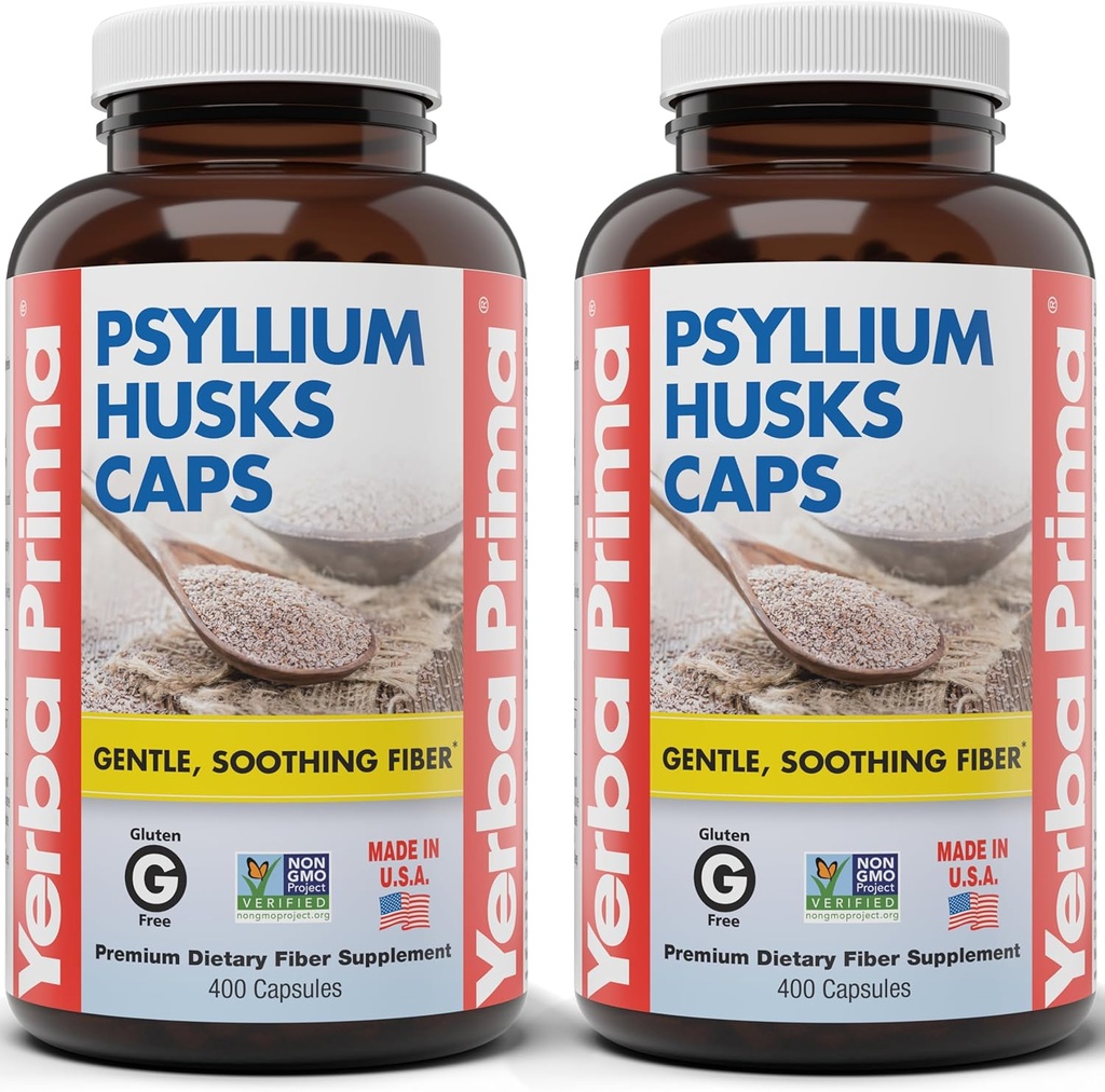 Yerba Prima Psyllium Husks Caps, 625 mg, 400 Capsules (Paket 2) - Serat Alam untuk Pria dan Wanita - Suplemen Regularitas Dukungan