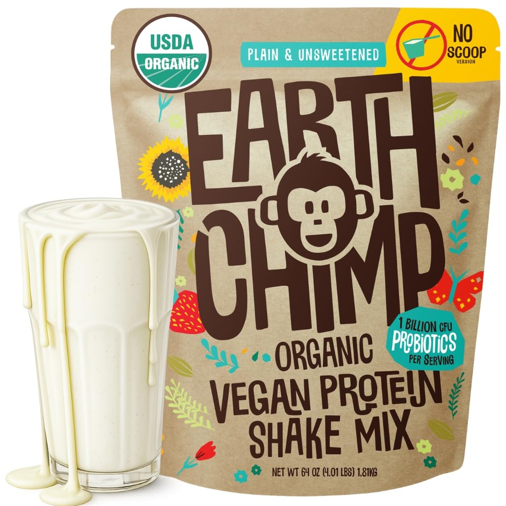 EarthChimp Organic Vegan Powder - dengan Prograsi- Non GMO, Dairy Free, Non Whey, Plant Based Protein Poader for Women, Gluten Free - 52 Servings 64 Oz (Plain & Unsweezed) No Scoop