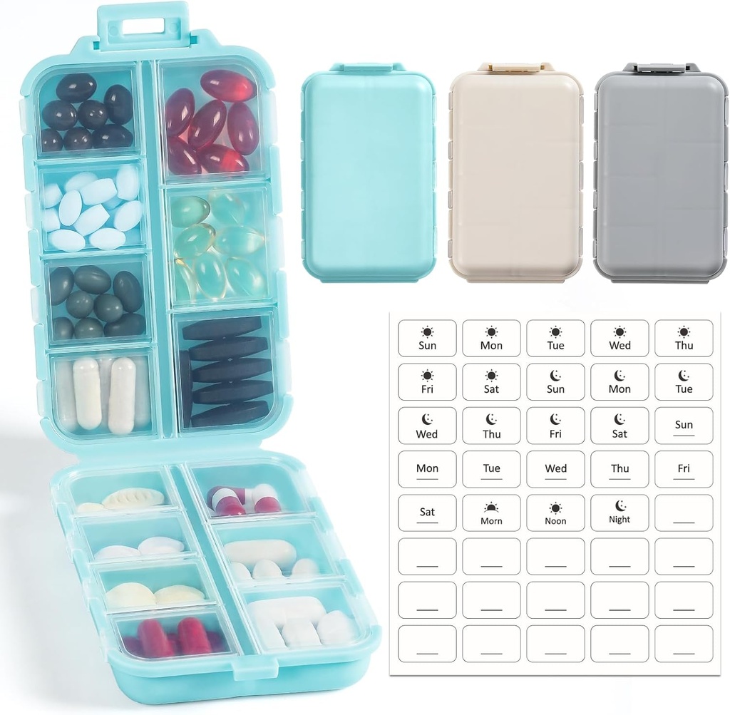 3 Pack, 14 GRIDS Travel Pill Organizer Box dengan Label - Travel Case Kit - Pocket Daily Farmacy Container - Travel Medication Holder Dispenser untuk Penyimpanan Minyak Vitamin