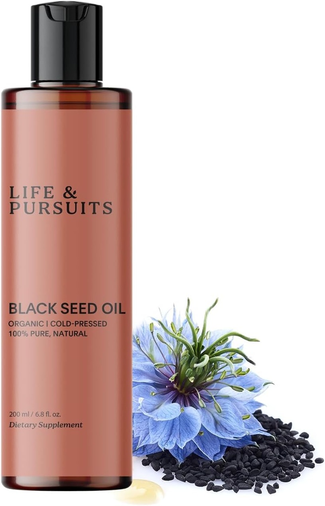 Life & Pursuits Organic Black Seed Oil (Kalonji) - 100% Murni, Natural, Cold Press 124; Sumber Alam dari Thymoquinone & Omega 3 6 9; Antioksidant untuk Dukungan Imune, Rambut & Skin (6,8 Fl Oz)