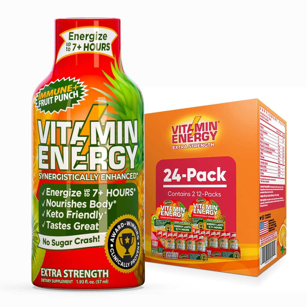 Vitamin Energy Immune + Extra Energy Shot Fruit Punch 24 Pack, 260mg Natural Caffeine, B-Vitamin, Citicoline, Green Tea, Imunity & Focus Dukungan, Zero Sugar, Gluteng-Free 1.93 fl oz