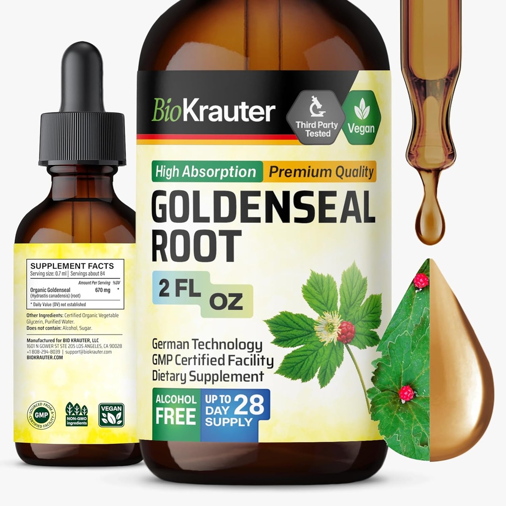 BIO KRAUTER Goldenseal Root Extract Liquid - Dukungan Repiratory Vegan - Golden Seal Drops - Alkohol & Sugar Free - 2 Fl.Oz.