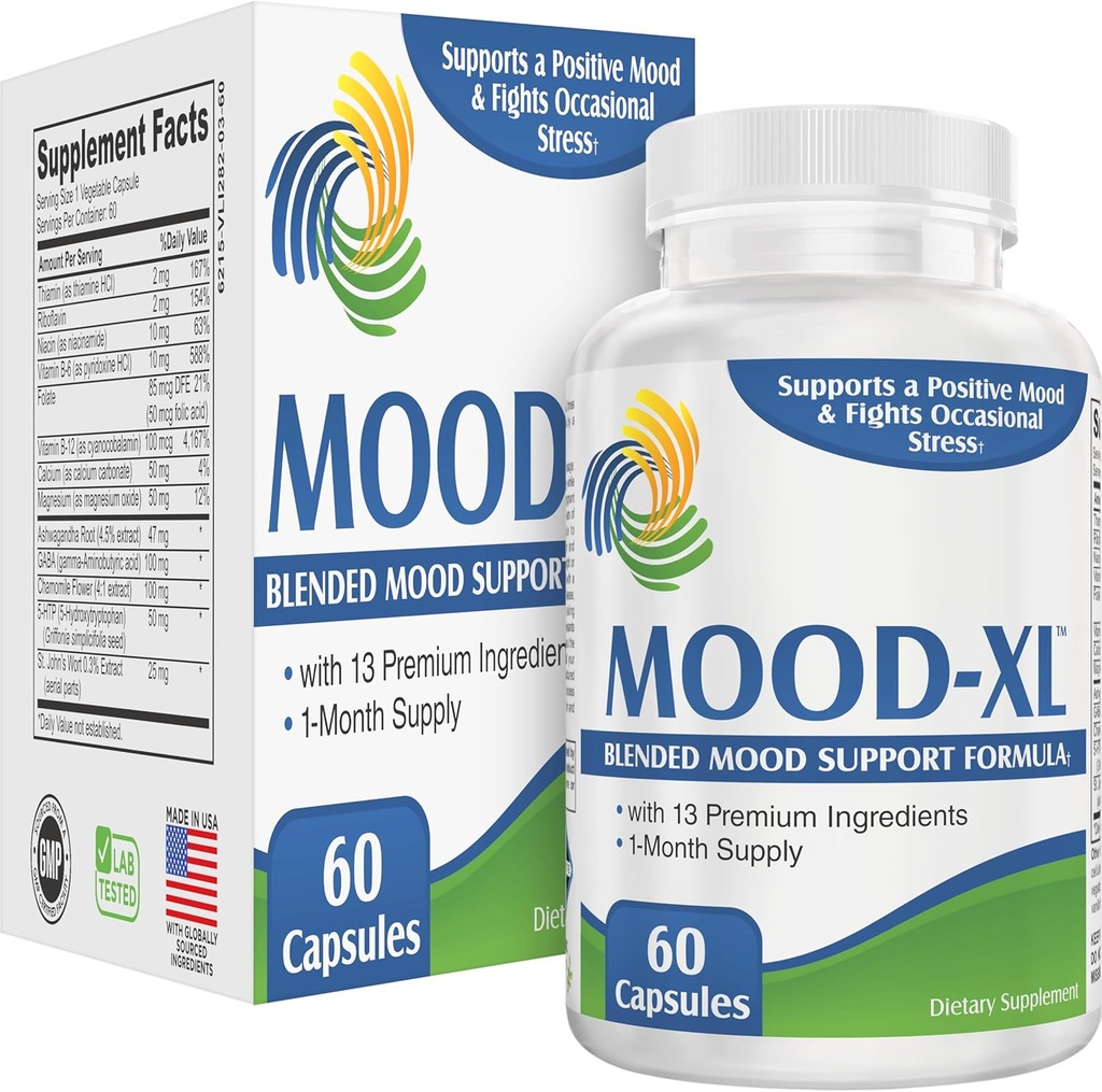Mood-XL: 30- Day Mood Supplemen (All-in-1 Blend) dengan 13 Ingrediers Aktif 124; Suplemen Mood Sehat & Vitamins 124; 1 Bulan Supply 124; 60 Capsules