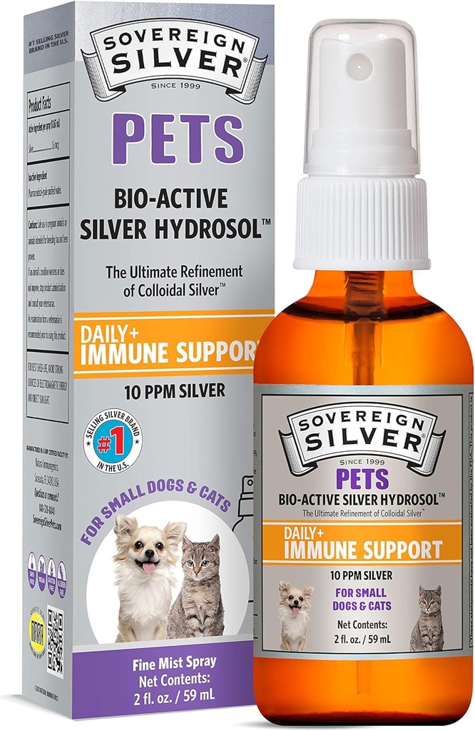 Sovereign Silver Pets Immune Support, Colloidal Silver, Bio- Active Silver Hydrosol, for Dogs and Cats, 10 plum, Fine Mist Spray, 2 Fl Oz