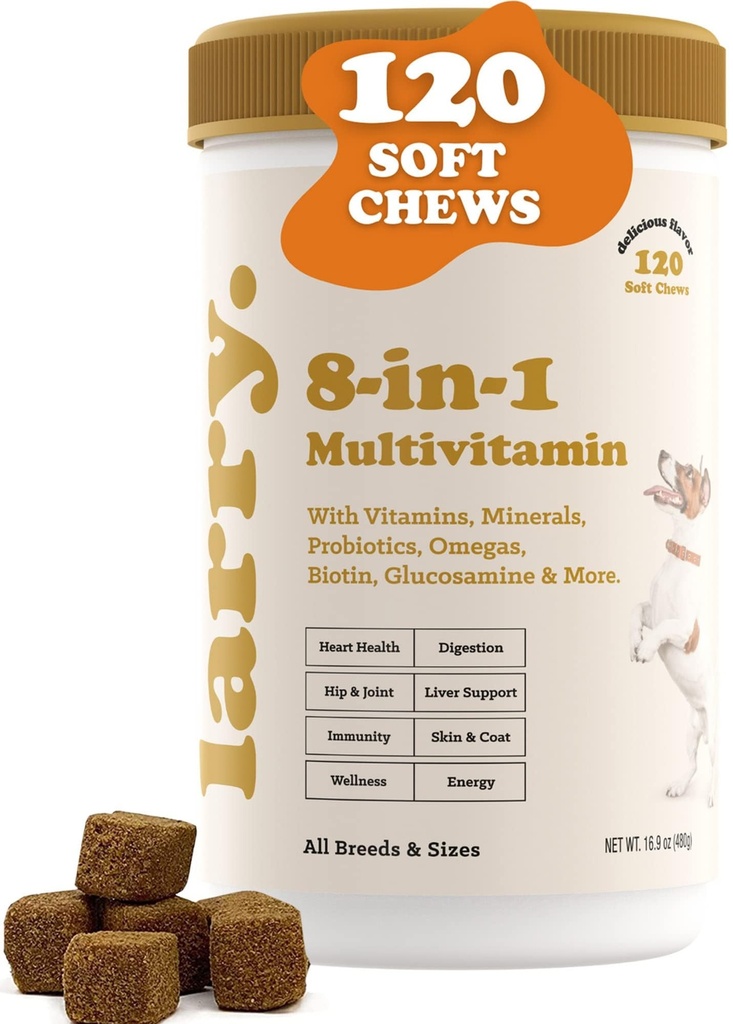 8-in- 1 Multivitamin Dog Supplement by Larry Alag14; Heart, Ditraffic, Liver, Skin, Coat, & Joint Support for Dogs 124; with Vitamin, Minemins, Omegas, & Glucosamin Chondroitin