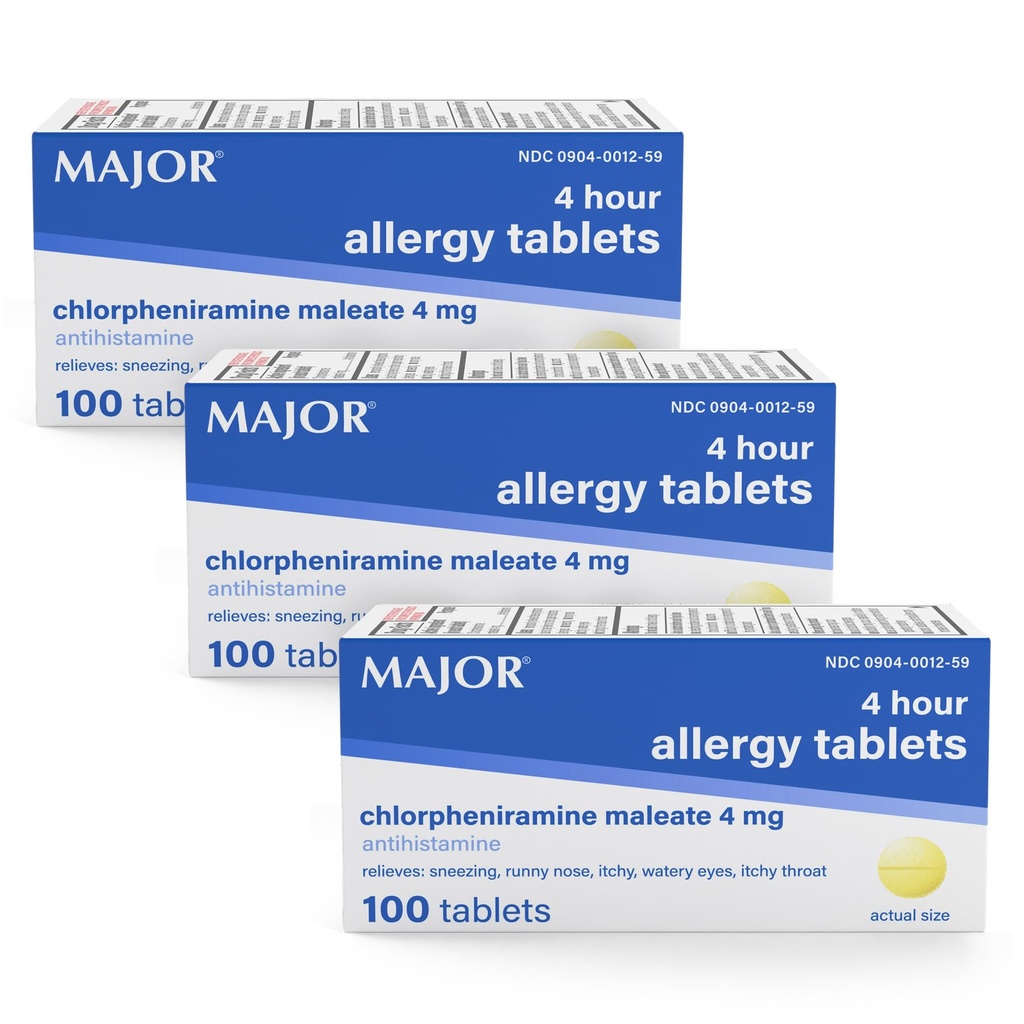 MAJOR 4 Mg Allergy Tablet - Chlorpheniramine Maleatte 4-Hour Algergy Medicine - Antihistamine for Sneezing, Itchy Watery Eyes, Itchy Throat, and Runny Nose - 100 Count (3 Pack)