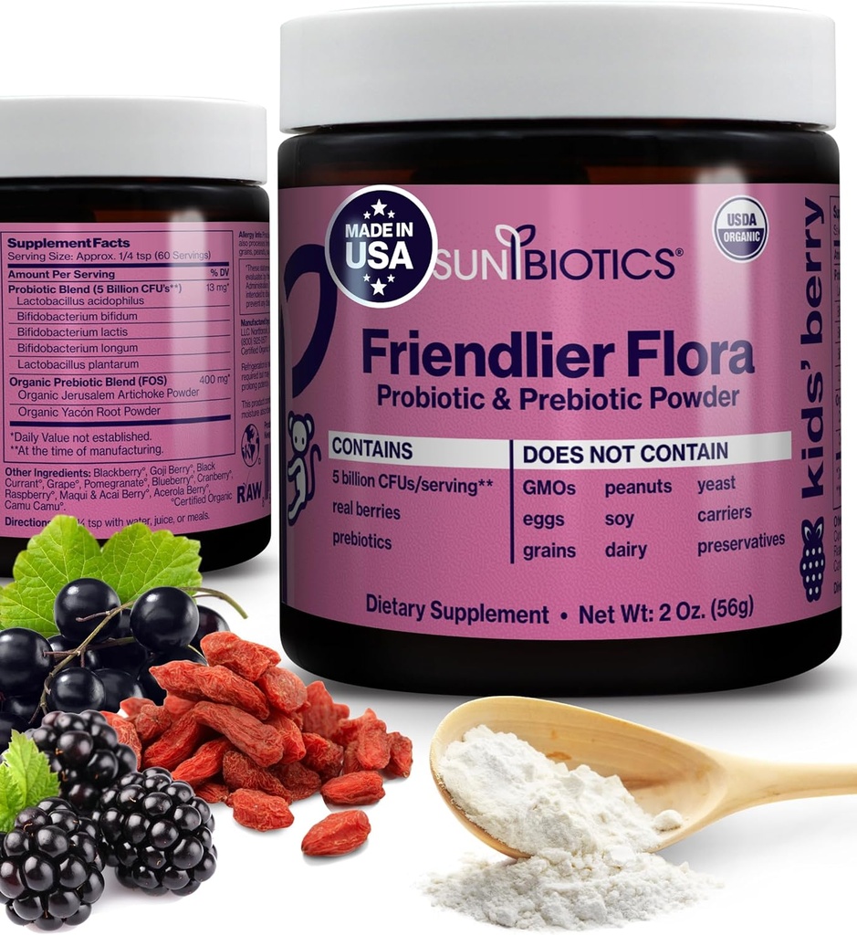 SUNBIOTICS Frighter Flora - Kids Prebiotic and Probiotic Powder Suplement With 5 Billion CFU of 5 Probiotic Strains for Good Gut Flora, Immune System, & balanced Microbiome - Berry, 2 Ounce