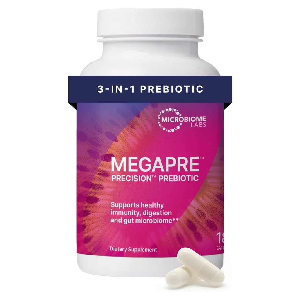 Mikrobiome Labs MegaPre Prebiotic Fiber Suplement in Vegetable Capsules - Prebiotic Suplement with Clinically Tested Oligosaclides - Dukung Mikrobial Didivisions & Gut Health (180 Capsules)
