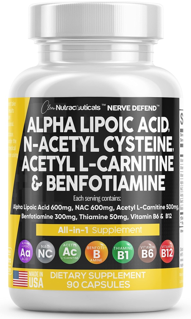 Alpha Lipoic Acid 600mg N-Acetyl Cysteine 600mg Acetyl L- Carnitine 500mg Benfotiamine 300mg - Nerve Dukungan untuk Perempuan dan Pria dengan Vitamin B1 B6 & B12 - Dibuat di Amerika 90 Caps
