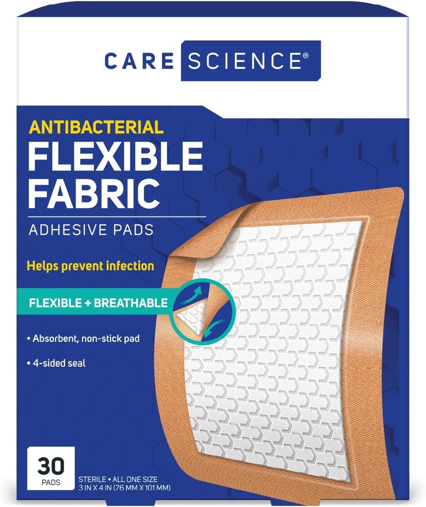 Care Science Fabric Adhesive Pad Bandages, 3x4 inci Extra Fleksible Non- Stick Strip, Membantu Infeksi Mencegah, Perlindungan Dapat Dilepaskan, untuk Pertama Aid & Weund Care, 30 Count