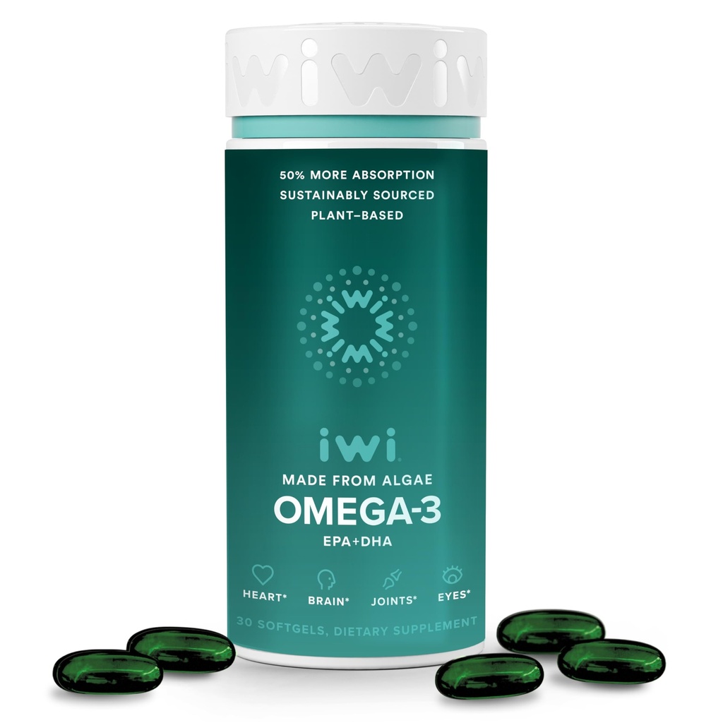 Iwi Omega-3, 30 Softgels (30 Pelayan), Vegan Plant - Berbasis Algae Omega 3 dengan EPA + DHA, Whole-Body Dukungan Tambahan Diet, Krill & Fish Oil Alternative, Tidak Ada Fishy Aftertaste