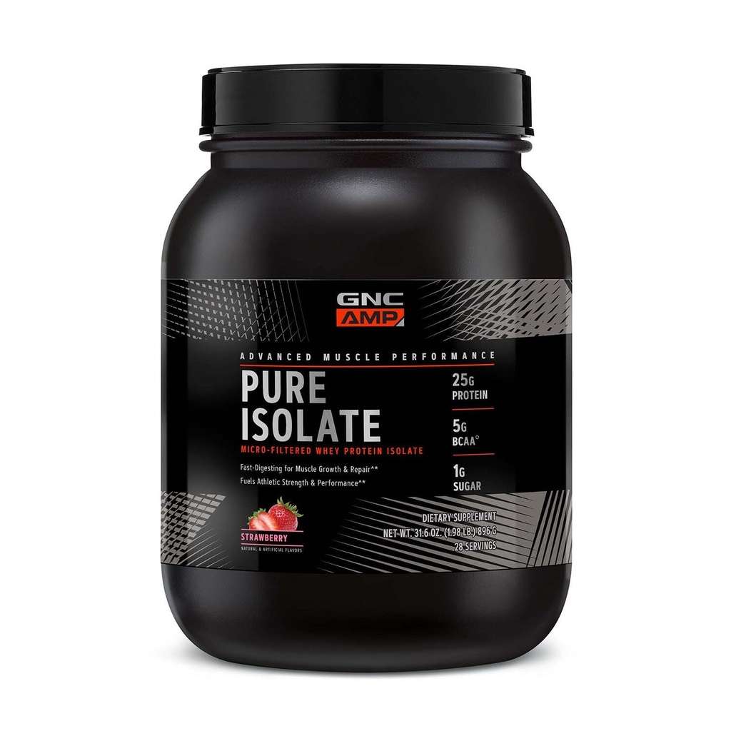 GNC AMP Clear Isolate Whey Protein Powder, Muscle Growth, Recovery, Performance, 25g Protein, 5g BCAA, 1g Sugar, 130 Calories atau Kurang, Partai Teruji 3, Gluten Bebas, Strawberry, 28 SVG