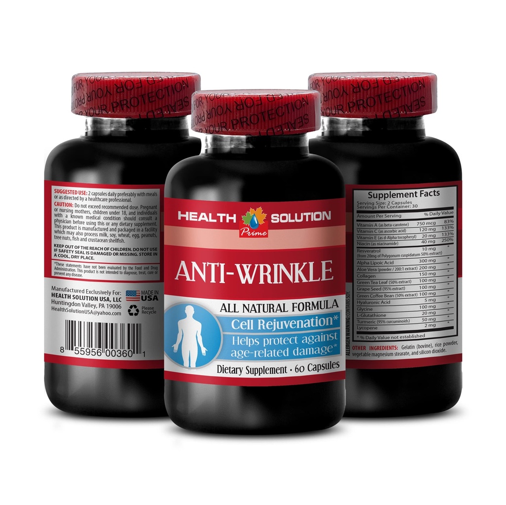 Vitamin E kolagen - ANTI- WRINKLE KOMPLEX - mineral Skin, anti- penuaan rumus alami, kapsul anti kerutan untuk wajah, serum anti kerutan, alfa lipoic asam, pil kerutan untuk perempuan, 1B 60 Caps