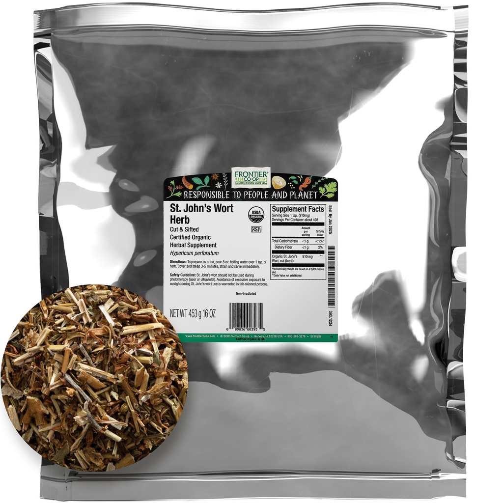 Frontier Co-Op Organic Cut and Sifted Saint John 's Welt Herb - Dried Herb For St Johns Welt Organic Tea Atau Diy Capsules, Oil, Tincture, Suplemen