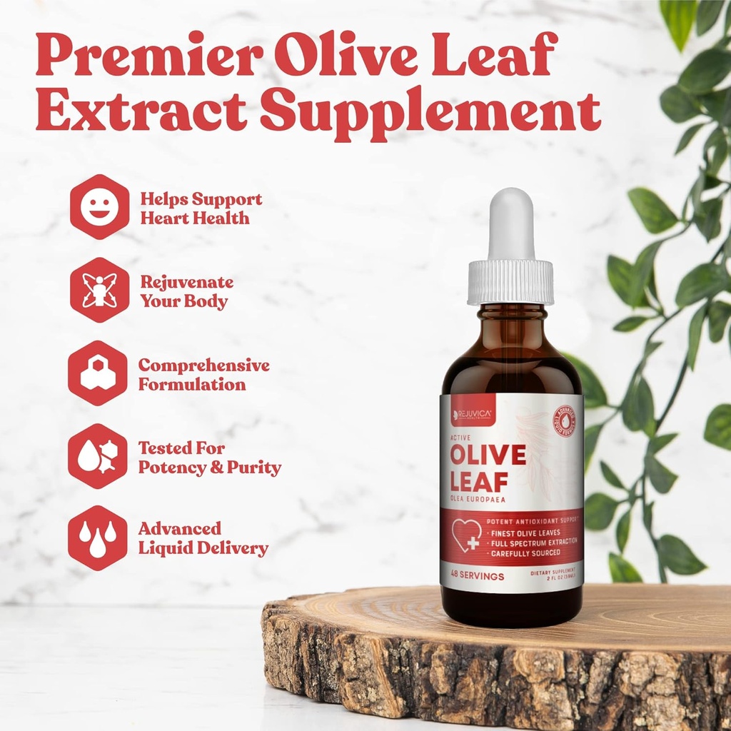 Rejuvica Active Olive Leaf Extract 124; Alami Occurring Oleuropein Cid Drops for Imune & Heart Dukung Atter4- Fastion, Vegan, Alcohol- Free 124; 6 fl oz