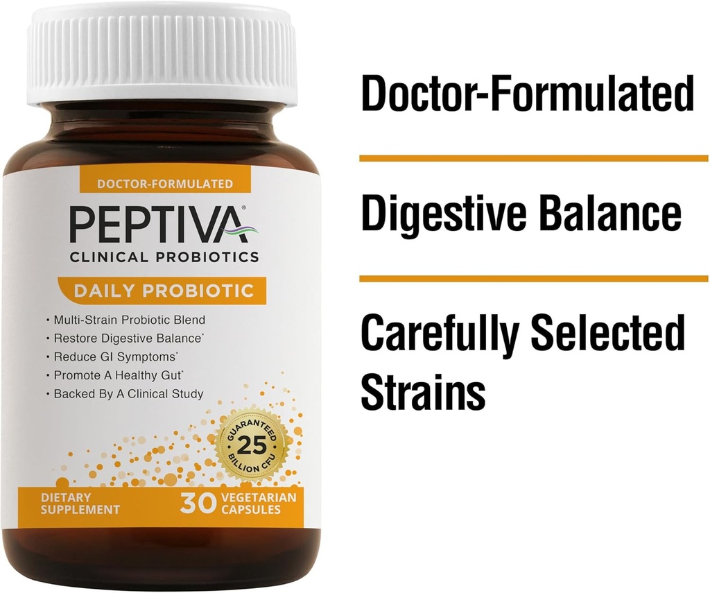 Probilisasi harian Peptiva, 25 Milyar CFU, Provinsi Multi- Strain, Lactoillus Acidolerilus, Bifidobacterium, Tambahan Digetives - 30 Count