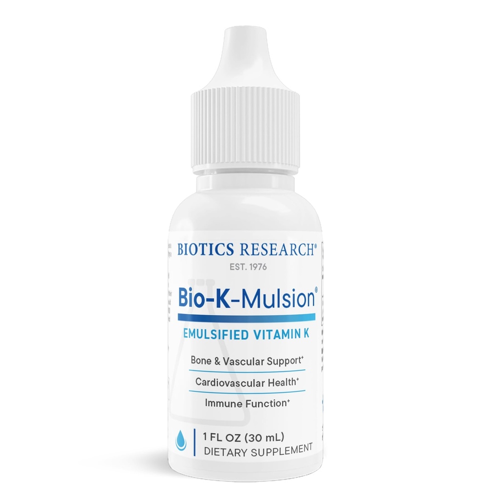 Biotika Research Bio K Mulsion Liquid Canain K Drops - 500 mcg / S - Vitamin K1 phytonadione untuk Dewasa - VIT Tambahan - Bones Kuat, Heart Health, Clotting Dukungan Darah, 1 fl oz