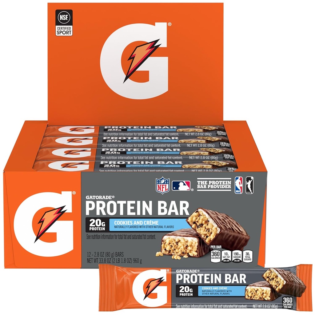 Gatorade Whey Protein Bars, Cookies & Crème, 2.8 oz bar (Paket 12, 20 g protein per bar)