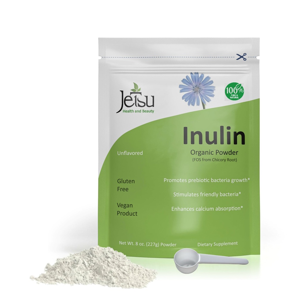 Jetsu Inulin Powder Organic Chicory Root (FOS) - Soluble Inulin Fiber Prebiotic Intestinal Dukungan, Enhances Calcium Absorpsi, Stimulasi Friendly Bakteria, Promopes Prebiotic Growth, 8oz