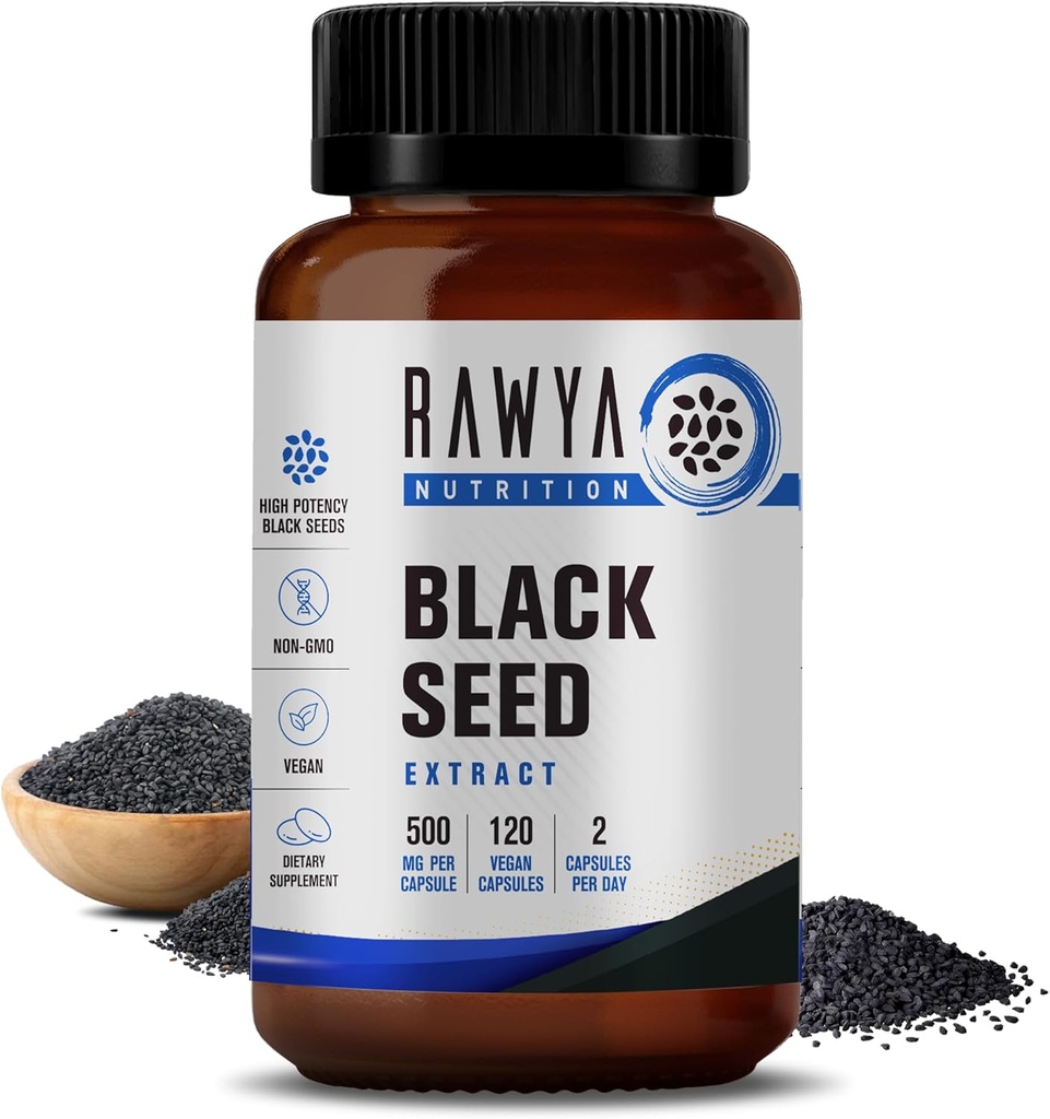 Ekstrak Benih Hitam RAWYA, Nigella Sativa, Bubuk Benih Cumin Hitam, 500 mg Masing-masing, Promotes Wellness, Fleksibilitas, dan Radiant Skin, Halal, Vegan, Suplemen Murni & Natural - 120 Vegan Kasules