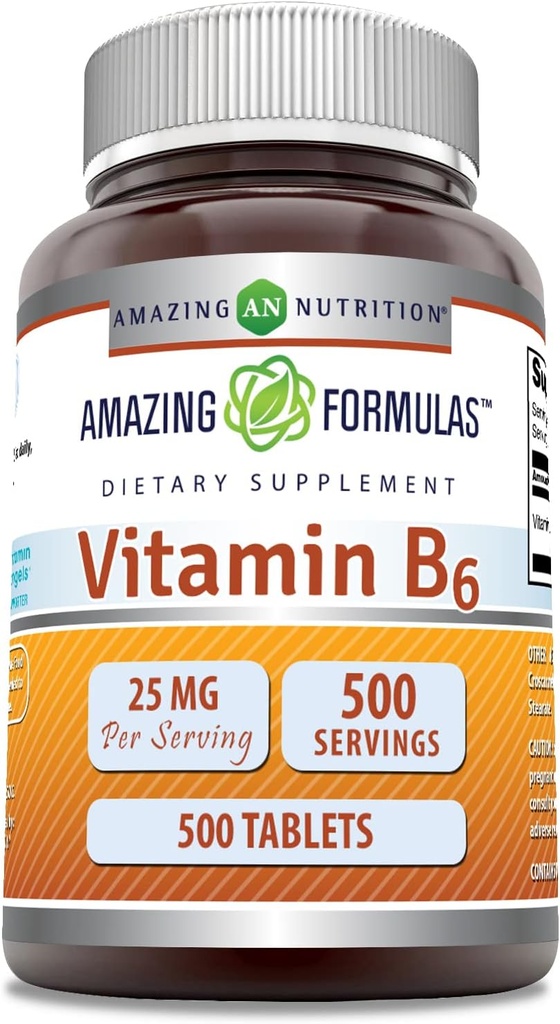 Amazing Formulas Vitamin B6 (Pyridoxine) 25 Mg Suplemen 124; Tablet 12.4; Non- GMO 124; Gluten- Free 124; Dibuat di USA (1 Pack 124; 500 Count)